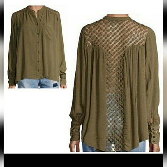 Free People Tops - Free People The Best Buttondown Crochet Back Romantic Neutral Rayon Boho Lace ML